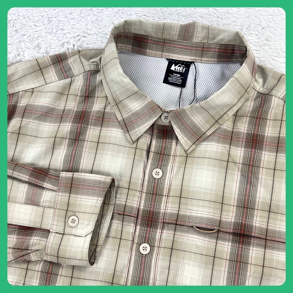 REI Long Sleeve Fishing Shirt Men LARGE Brown Plaid Stretch Pockets Roll Tab